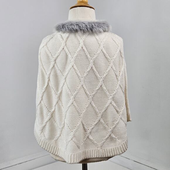 Janie and Jack Girl's Faux Fur Trimmed Cable Knit Sweater Ivory Poncho | 4 - Picture 2 of 14